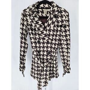 Vertigo Paris Womens Sz XS Double Breasted Trench Coat Black Cream Houndstooth